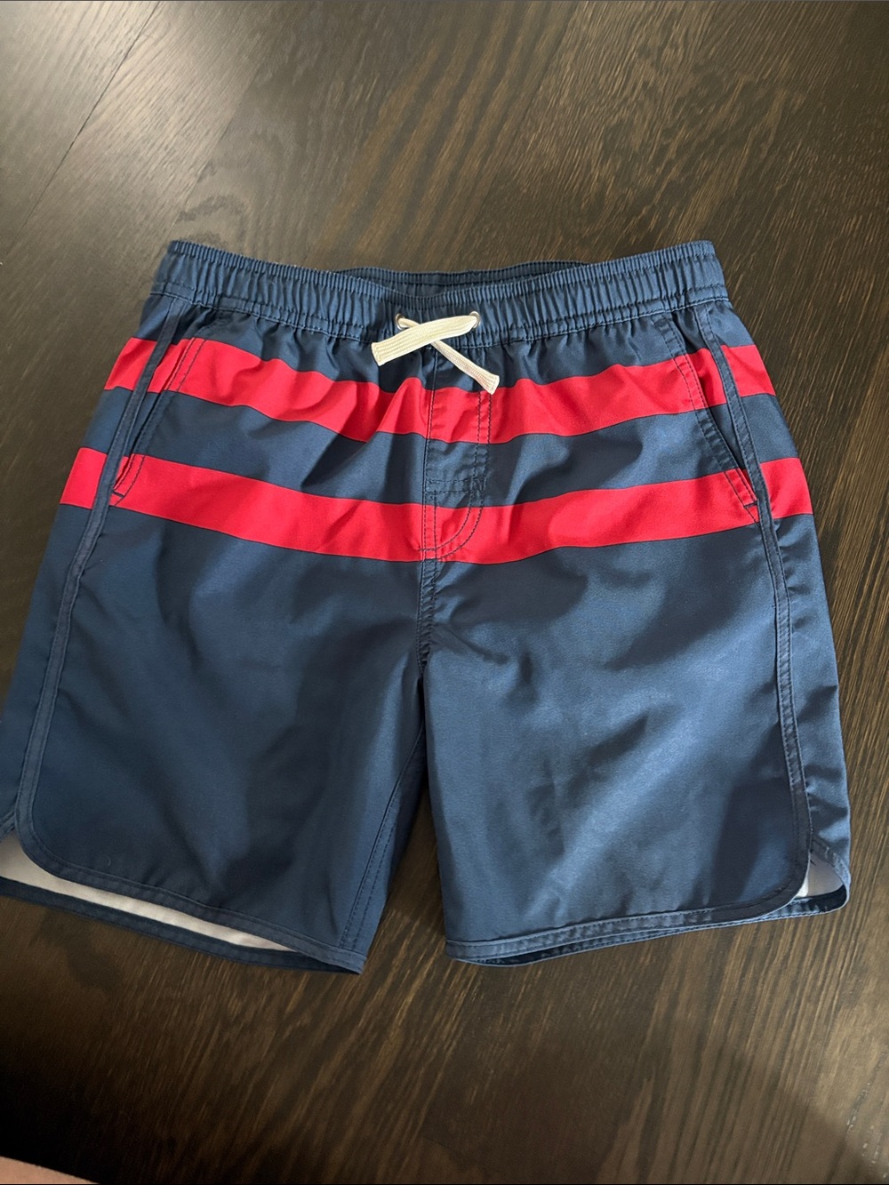 Fair Harbor Navy and Red Striped Kids Swim Trunks